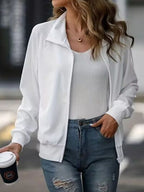 Simple White Zip Up Collared Neck Raglan Sleeve Jacket Comfortable Versatile Casual Women Wear Stevvex