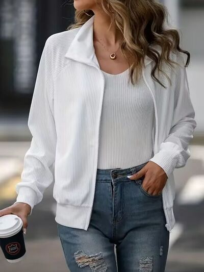 Simple White Zip Up Collared Neck Raglan Sleeve Jacket Comfortable Versatile Casual Women Wear Stevvex