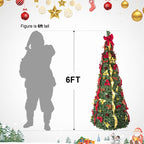 Prelit Full Pop Up Christmas Tree With Warm LED Lights, Gold And Red Ribbon, Bows, Balls Ornaments Easy Assemble Collapsible Xmas Trees Holiday Party Decor