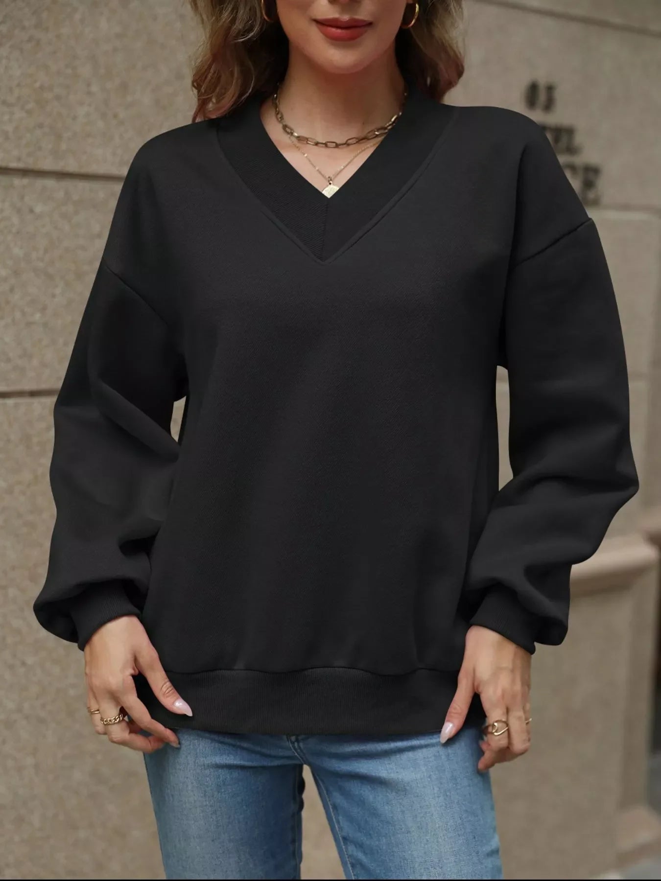 V-Neck Solid Color Casual Sweatshirt THRIXINE