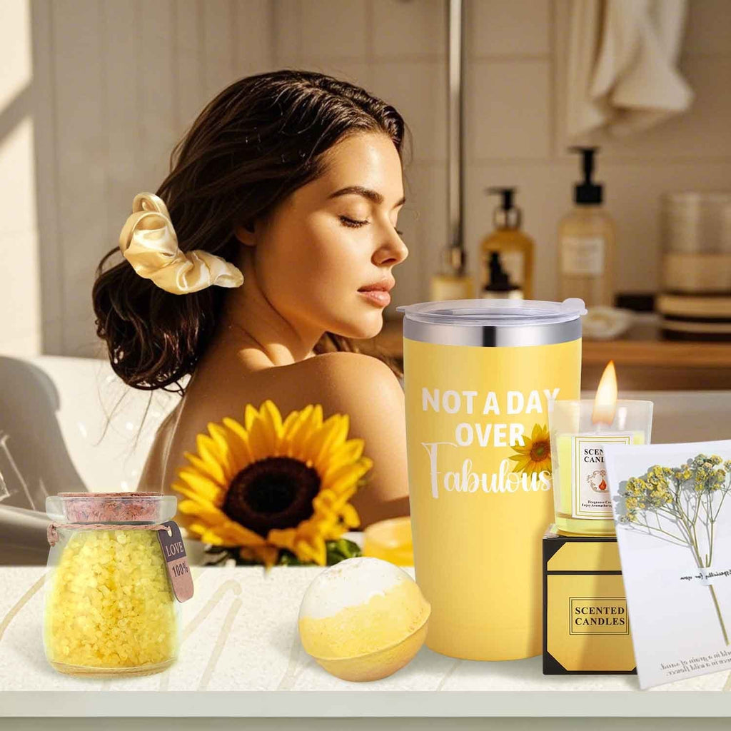 8pcs "Not A Day Over Fabulous" Yellow Spa & Bath Gift Set - Includes Insulated Travel Mug with Lid, Scented Candle, Bath Bomb, Diamond Soap, Love Note Card & Elegant Gift Box - Ideal for Women, Men, Friends on Christmas, Than
