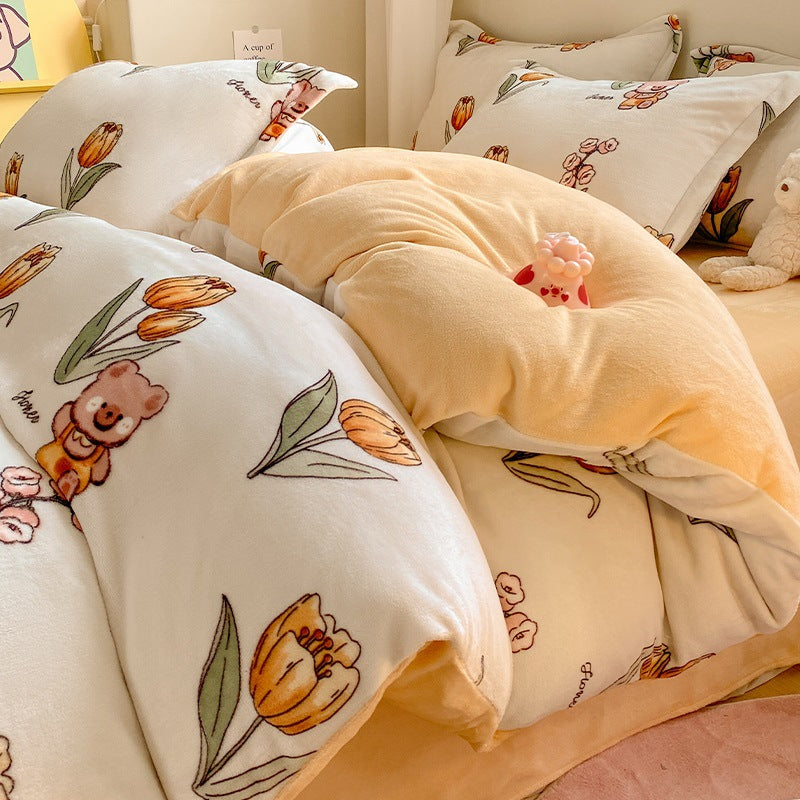 Winter Thickening Milk Fiber Bed Four-piece Coral Velvet Quilt Cover Flange Double-sided Bed Sheet Three-piece Bedding Pi-Mart