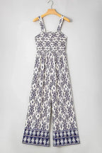 Blue Boho Geometric Print Smocked High Waist Wide Leg Jumpsuit
