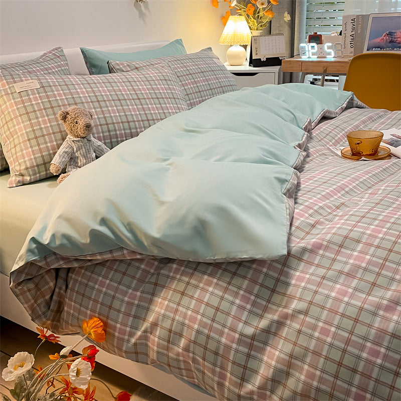 Pure Color Washed Cotton Four-piece Set Of Plaid Striped Sheets Quilt Cover Bedding Pi-Mart