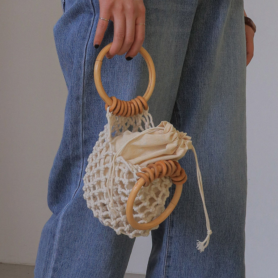 Woman Girl Fashion Woven Handbag Beach Style Wood Handle Drawstring Bucket Bag Pi-Mart