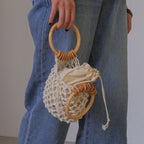 Woman Girl Fashion Woven Handbag Beach Style Wood Handle Drawstring Bucket Bag Pi-Mart
