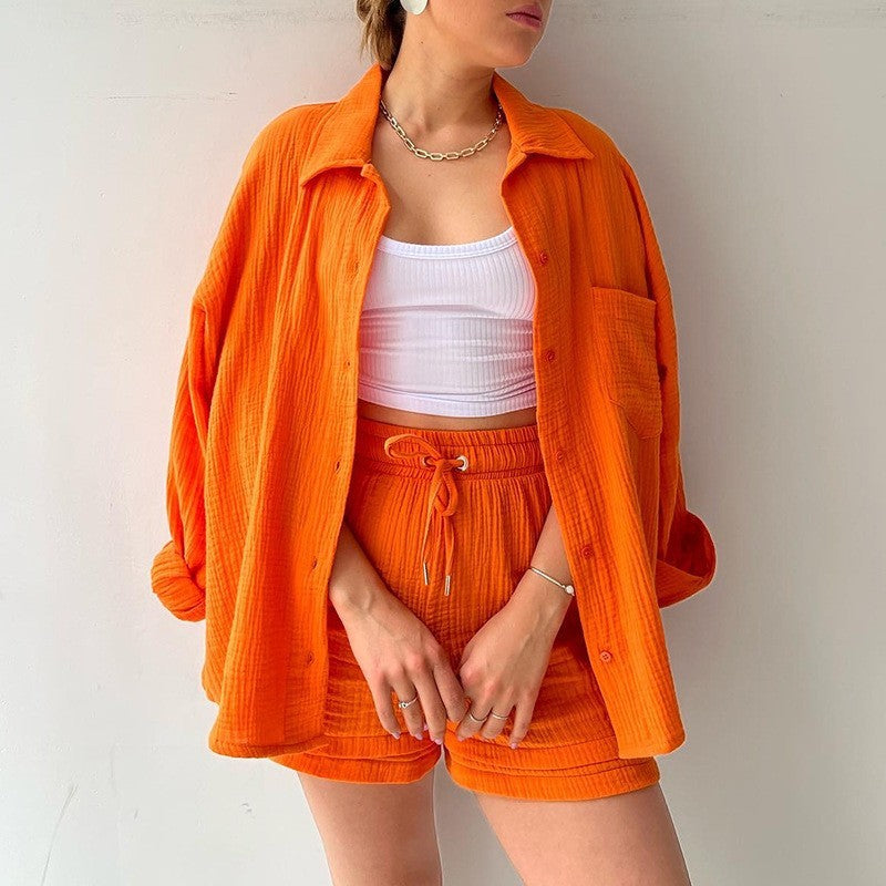 Spring Champray Lapel Long Sleeve Shirt High Waist Drawstring Shorts Plus Size Fashion Casual Set Pi-Mart