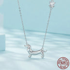 Sterling Silver Ornament S925 White Gold Plated Cute Sausage Dog Necklace Pi-Mart