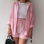 Spring Champray Lapel Long Sleeve Shirt High Waist Drawstring Shorts Plus Size Fashion Casual Set Pi-Mart
