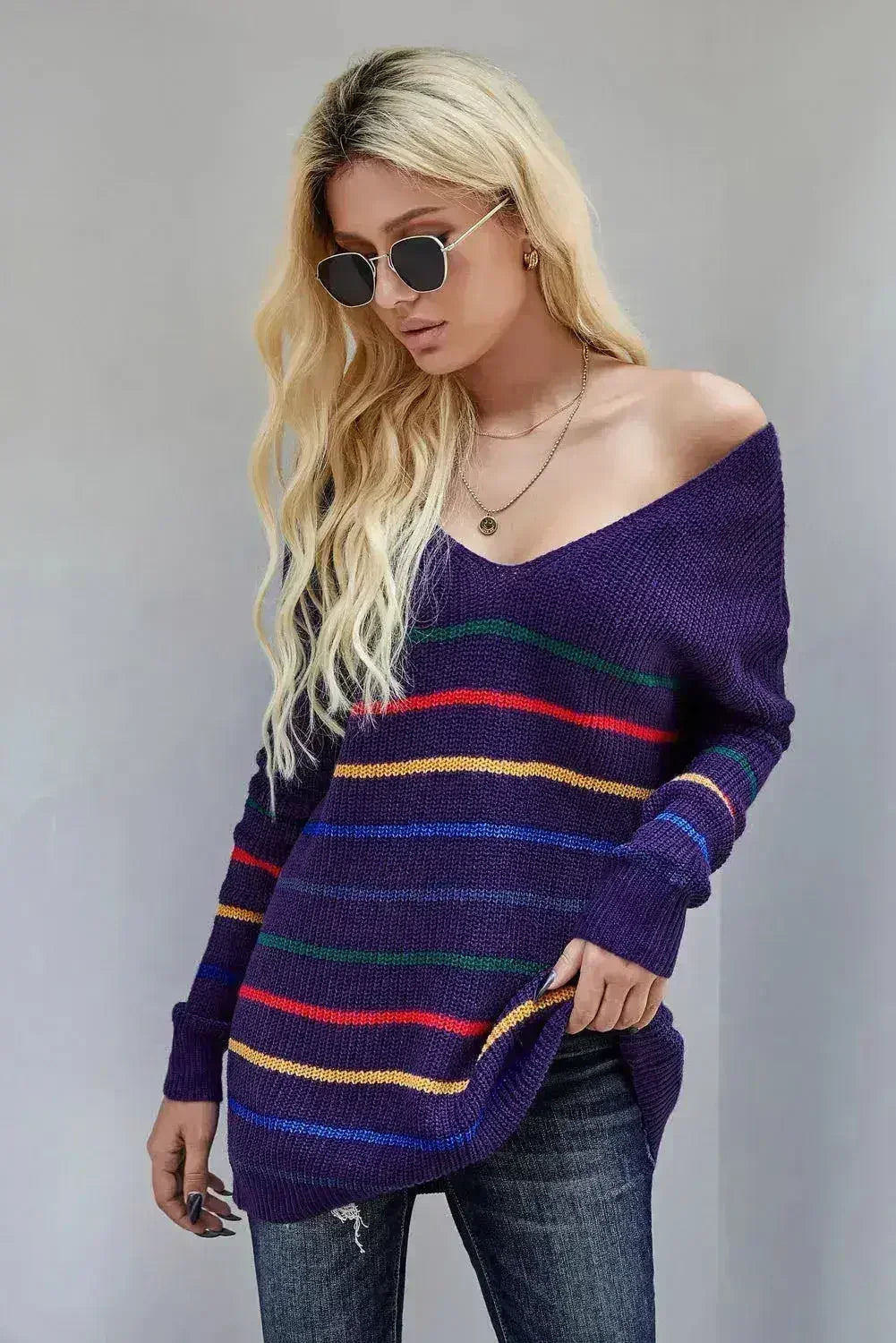 Blue Striped Loose Knit Sweater - SJB-DIAMOND ELITES