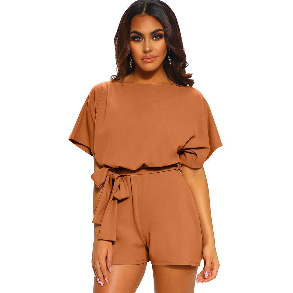 Women's Round Neck Short-sleeved Lace-up Jumpsuit Pi-Mart