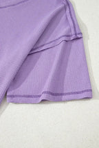 Blue Exposed Seam Drop Sleeve V Neck Waffle Textured Top
