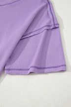 Blue Exposed Seam Drop Sleeve V Neck Waffle Textured Top