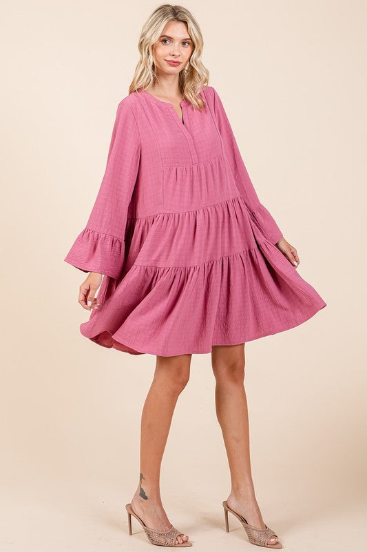 Tiered Notched Flare Sleeve Dress – Fluttering, Playful and Stylish Dress with Ruffled Layers and Trendy Flare Sleeves Stevvex