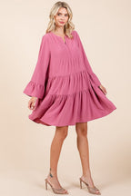 Tiered Notched Flare Sleeve Dress – Fluttering, Playful and Stylish Dress with Ruffled Layers and Trendy Flare Sleeves Stevvex