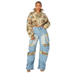 Women Tracksuit Pant Sets Zipper Cardigan Tops Print Zipper Fly Straight Ankle Length Denim Pants Jean Loose Matching Sets Y2k Purplish Diva