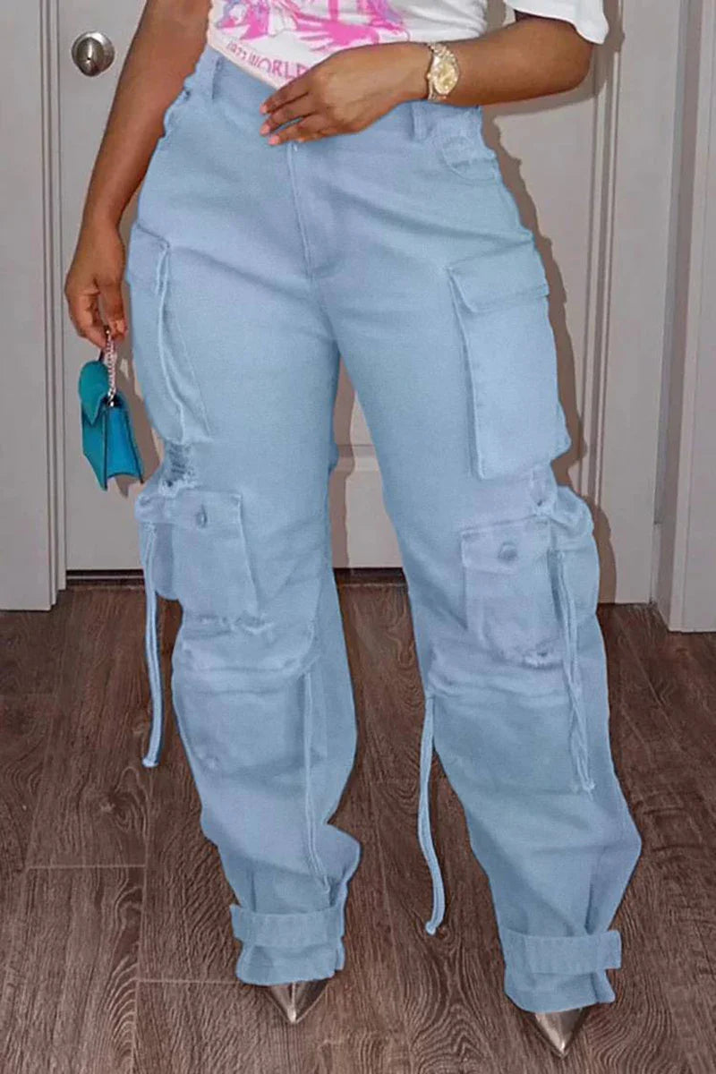 Plus Size Cargo Denim Jeans Pockets Buttons Women Fashion Jeans Pant High Waist Casual Streetwear Vintage Hip Hop Trousers Pant Purplish Diva