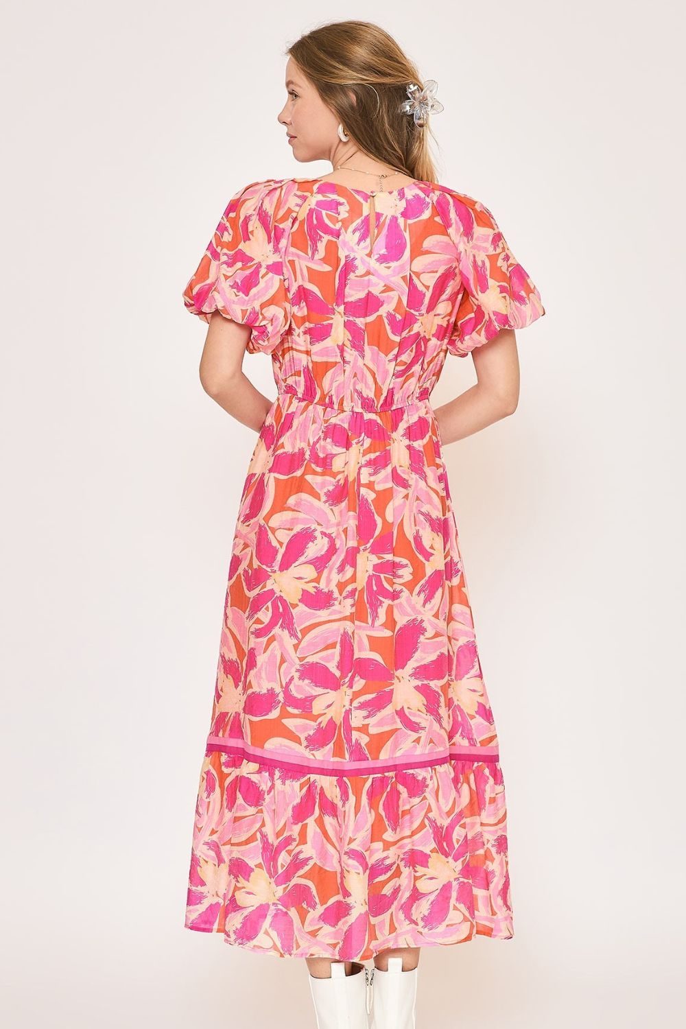 New Summer Floral Notched Puff Sleeve Midi Dress For Women – Fluttering, Elegant Floral Print Midi Dress with Trendy Notched Neckline and Puff Sleeves Stevvex