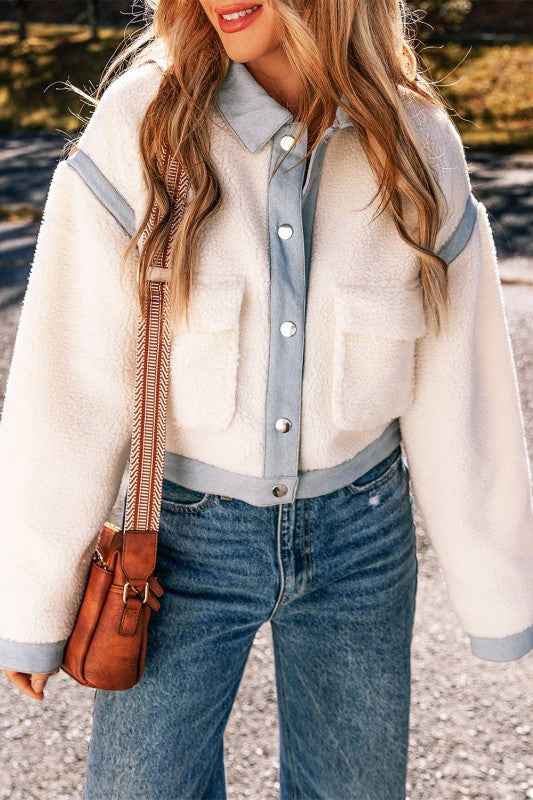 Solid Contrast Trim Buttoned Sherpa Jacket THRIXINE