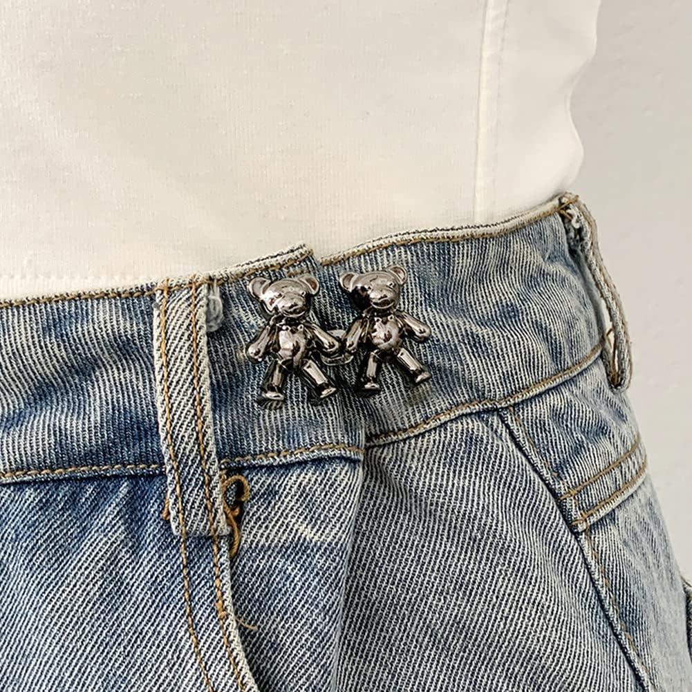 2Pcs Bear Shaped Adjustable Jean Button Waist Buckle Snap Pants Buckle Extender Replacement Jeans Button Safety Pins No Sew Detachable Waist Body Fit Tighten Safety Pins Stevvex