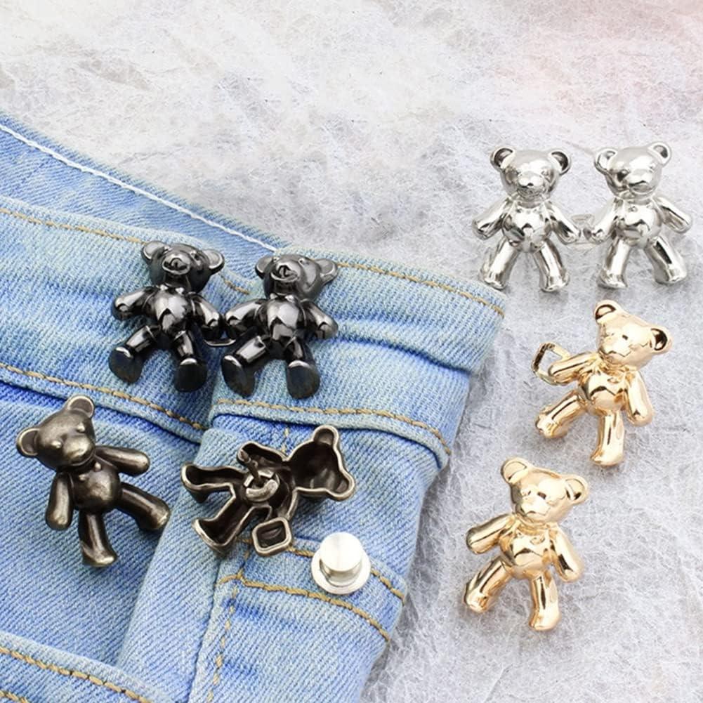 2Pcs Bear Shaped Adjustable Jean Button Waist Buckle Snap Pants Buckle Extender Replacement Jeans Button Safety Pins No Sew Detachable Waist Body Fit Tighten Safety Pins Stevvex