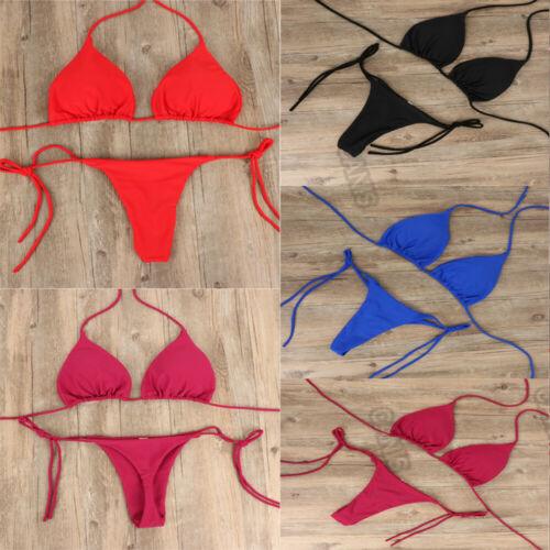 2pcs Bikini Set Padded Bra Women Push-Up Solid Swimwear Bandage Bathing Suit Swimsuit Swimming Suit Knotted String Triangle Bikini Tie Side High Cut Cheeky Bikini Set Stevvex