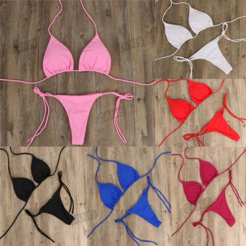 2pcs Bikini Set Padded Bra Women Push-Up Solid Swimwear Bandage Bathing Suit Swimsuit Swimming Suit Knotted String Triangle Bikini Tie Side High Cut Cheeky Bikini Set Stevvex