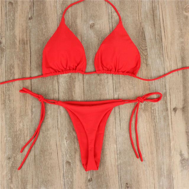 2pcs Bikini Set Padded Bra Women Push-Up Solid Swimwear Bandage Bathing Suit Swimsuit Swimming Suit Knotted String Triangle Bikini Tie Side High Cut Cheeky Bikini Set Stevvex