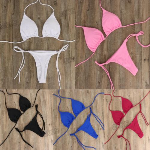2pcs Bikini Set Padded Bra Women Push-Up Solid Swimwear Bandage Bathing Suit Swimsuit Swimming Suit Knotted String Triangle Bikini Tie Side High Cut Cheeky Bikini Set Stevvex
