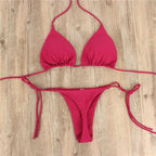 2pcs Bikini Set Padded Bra Women Push-Up Solid Swimwear Bandage Bathing Suit Swimsuit Swimming Suit Knotted String Triangle Bikini Tie Side High Cut Cheeky Bikini Set Stevvex