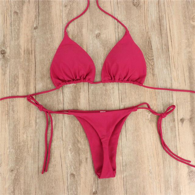 2pcs Bikini Set Padded Bra Women Push-Up Solid Swimwear Bandage Bathing Suit Swimsuit Swimming Suit Knotted String Triangle Bikini Tie Side High Cut Cheeky Bikini Set Stevvex