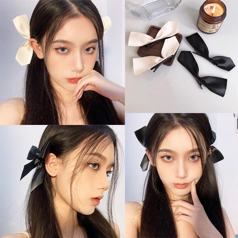 2pcs Black White Ribbon Hair Bows Clips Vintage Bowknot Side Hairpin Cute Girls Barrettes Headdress Hair Accessories for Women Stevvex