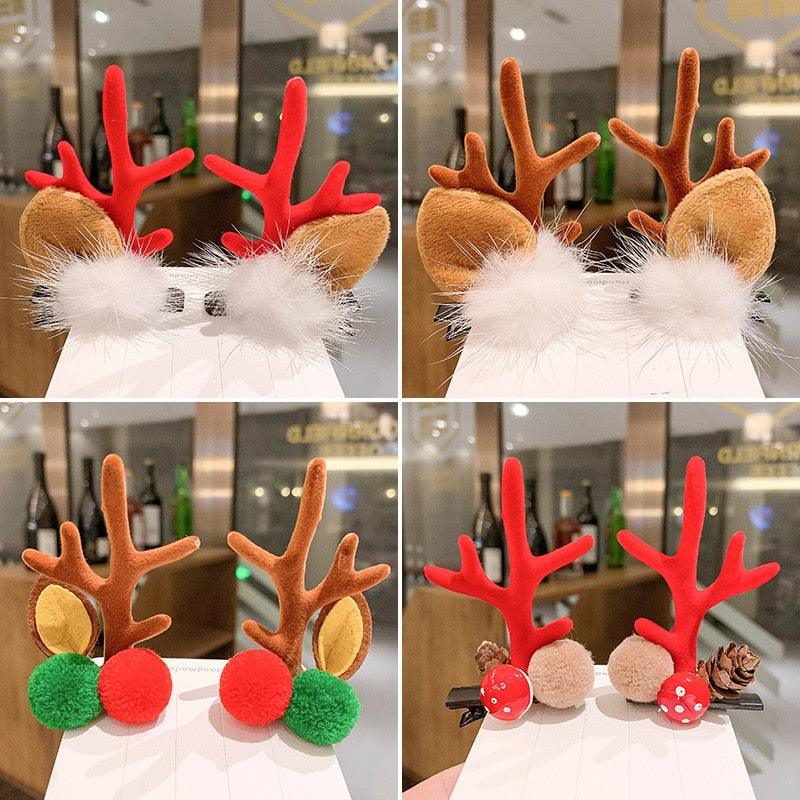 2pcs Cute Deer Ear Hairpins Christmas Hair Clips For Girls Cartoon Antlers Barrettes Lovely Pompom Hairgrips Fashion Hair Accessories For Women Stevvex