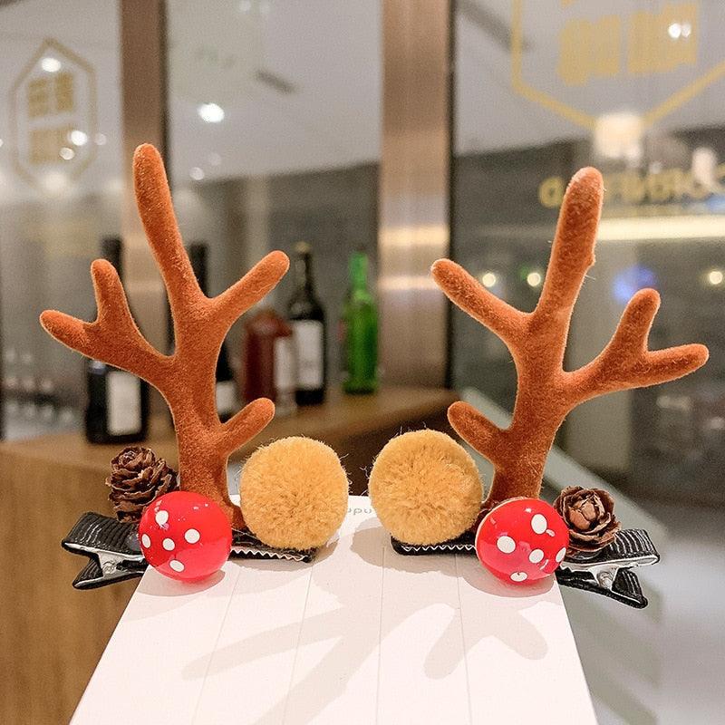 2pcs Cute Deer Ear Hairpins Christmas Hair Clips For Girls Cartoon Antlers Barrettes Lovely Pompom Hairgrips Fashion Hair Accessories For Women Stevvex