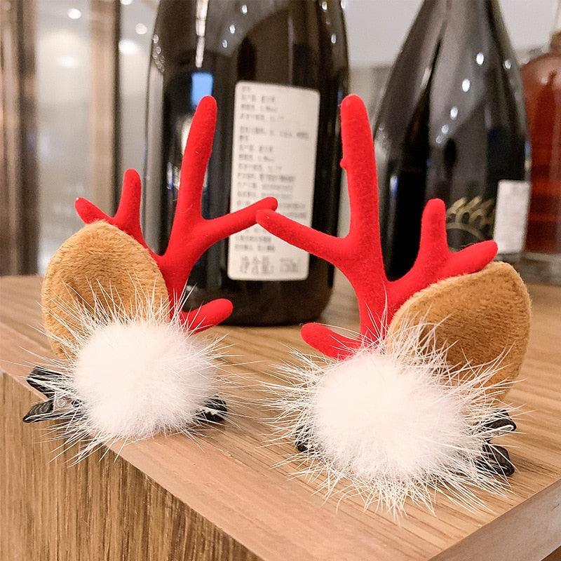 2pcs Cute Deer Ear Hairpins Christmas Hair Clips For Girls Cartoon Antlers Barrettes Lovely Pompom Hairgrips Fashion Hair Accessories For Women Stevvex