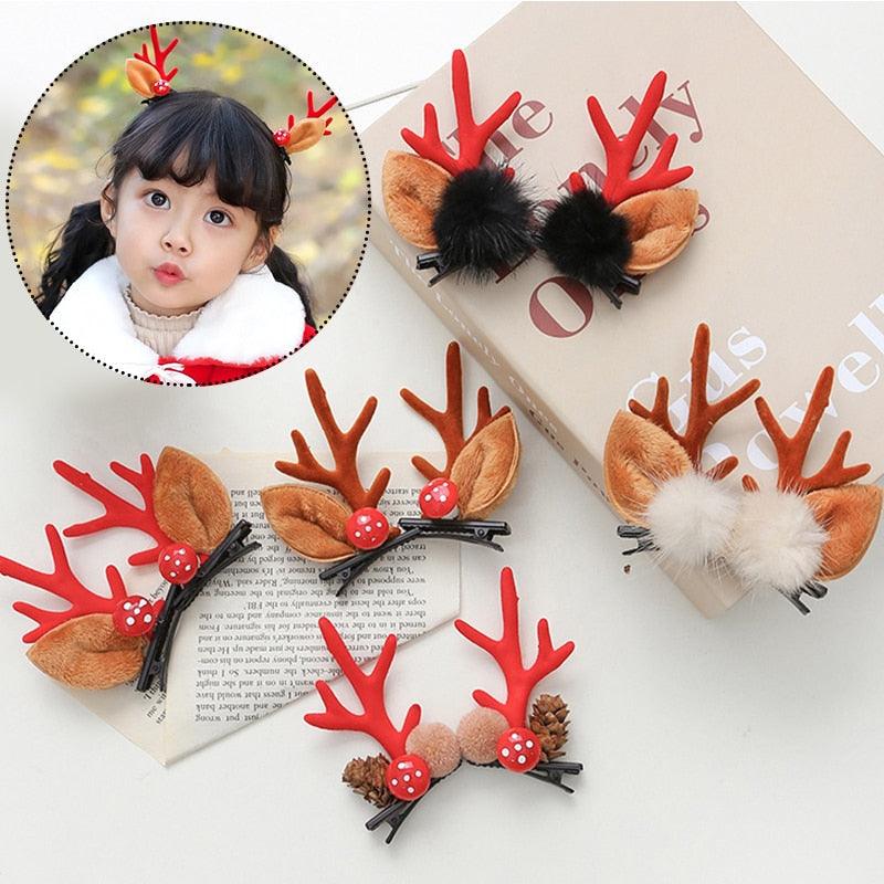 2pcs Cute Deer Ear Hairpins Christmas Hair Clips For Girls Cartoon Antlers Barrettes Lovely Pompom Hairgrips Fashion Hair Accessories For Women Stevvex