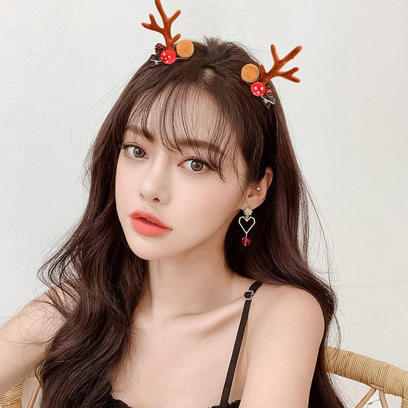 2pcs Cute Deer Ear Hairpins Christmas Hair Clips For Girls Cartoon Antlers Barrettes Lovely Pompom Hairgrips Fashion Hair Accessories For Women Stevvex