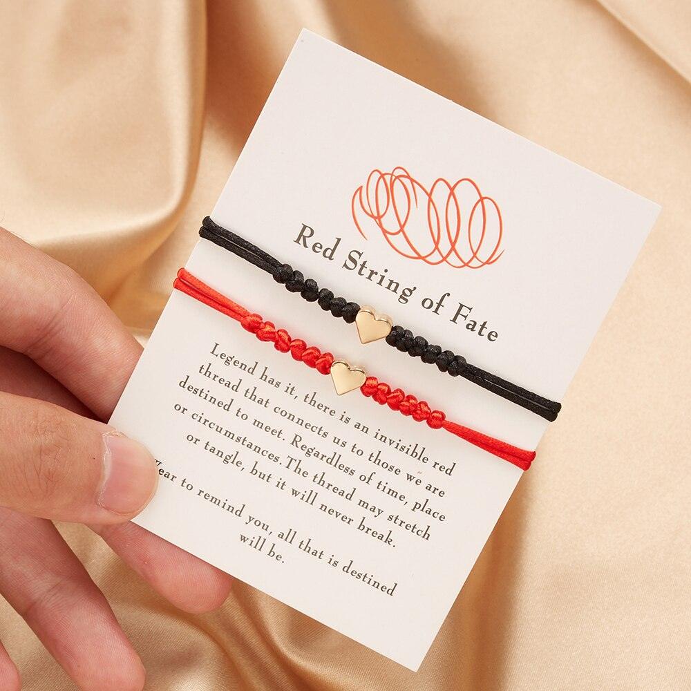 2pcs Heart Charm Bracelet For Women Men Adjustable Wish Good Lucky Red Strings Couple Bracelet Friendship Black String Silver Gold Heart Charm Bracelets For Women Men Teen Girls Boys Handmade Braided Wax Rope Adjustable Bracelet Stevvex