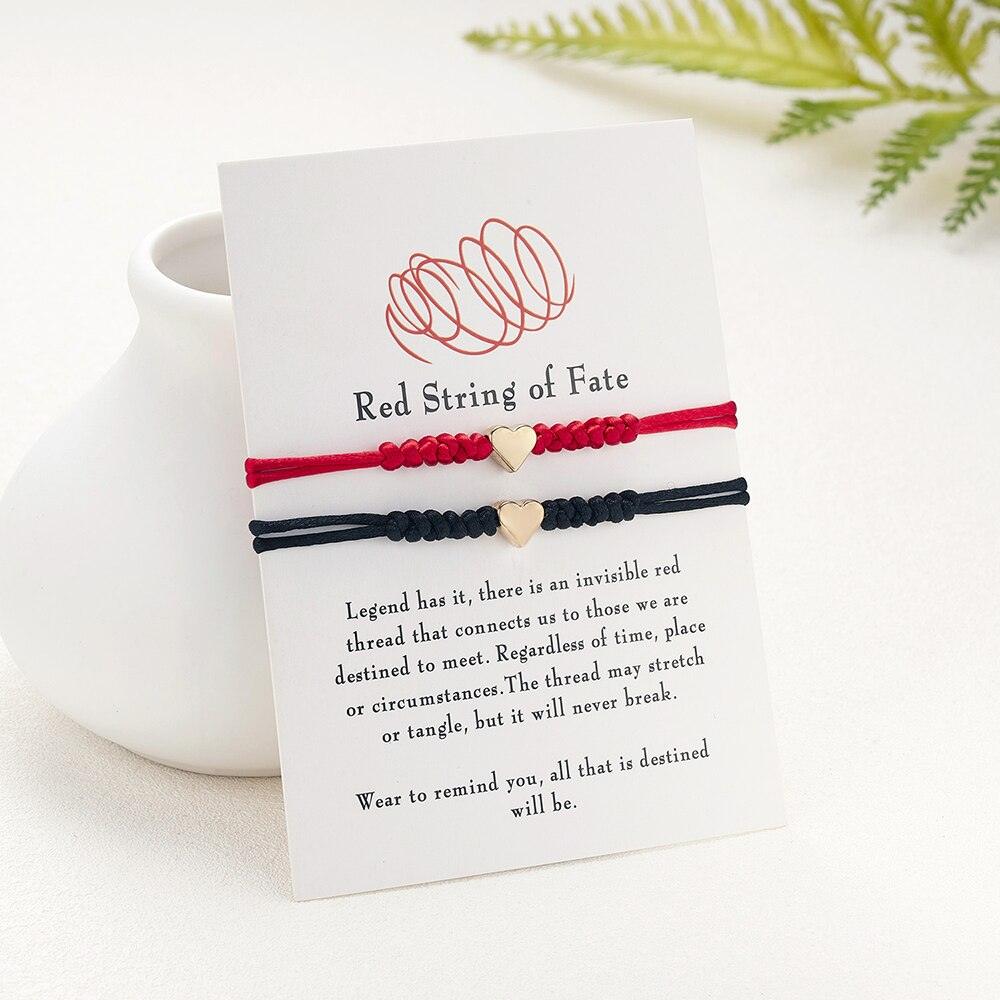 2pcs Heart Charm Bracelet For Women Men Adjustable Wish Good Lucky Red Strings Couple Bracelet Friendship Black String Silver Gold Heart Charm Bracelets For Women Men Teen Girls Boys Handmade Braided Wax Rope Adjustable Bracelet Stevvex