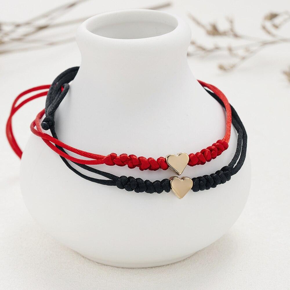 2pcs Heart Charm Bracelet For Women Men Adjustable Wish Good Lucky Red Strings Couple Bracelet Friendship Black String Silver Gold Heart Charm Bracelets For Women Men Teen Girls Boys Handmade Braided Wax Rope Adjustable Bracelet Stevvex