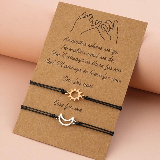 2pcs / Set Minimalist Sun Moon Charm Couple Bracelet Card Love Jewelry Gift Adjustable Braided Rope Bracelets Pinky Pomise Matching Relationship Bracelets For Best Friends Couple Stevvex