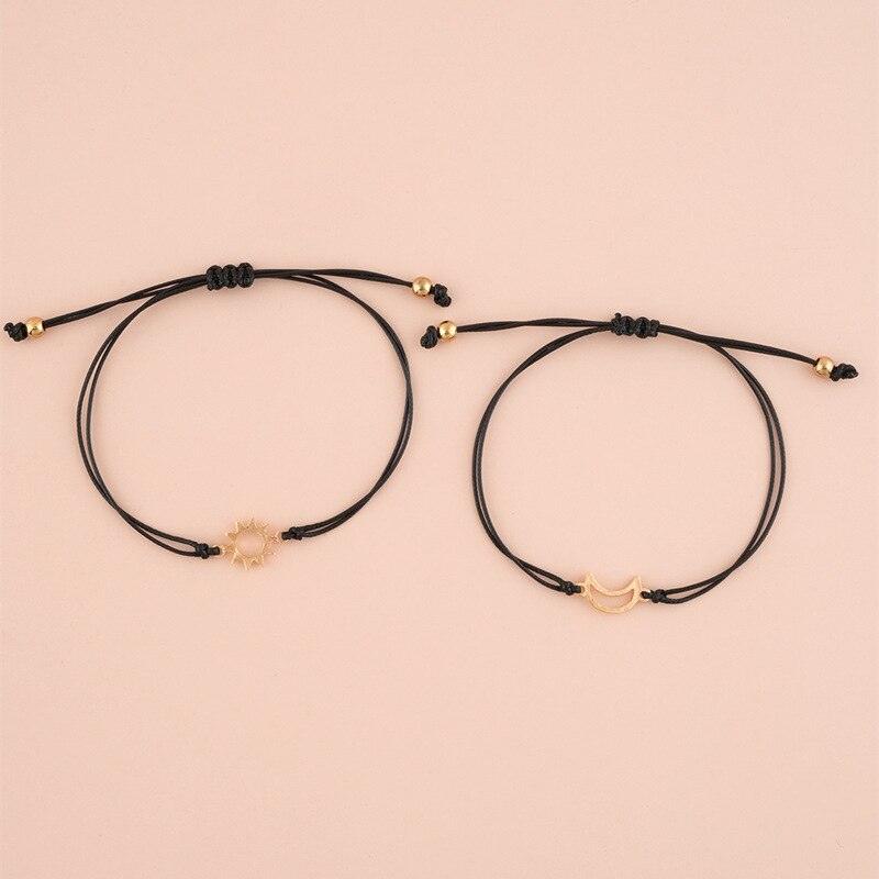2pcs / Set Minimalist Sun Moon Charm Couple Bracelet Card Love Jewelry Gift Adjustable Braided Rope Bracelets Pinky Pomise Matching Relationship Bracelets For Best Friends Couple Stevvex