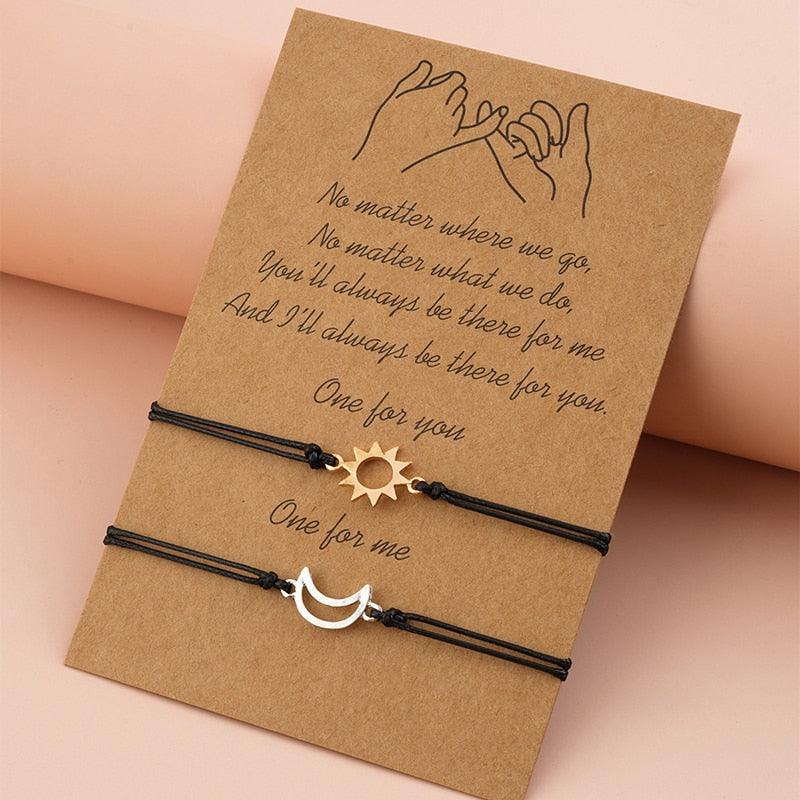 2pcs / Set Minimalist Sun Moon Charm Couple Bracelet Card Love Jewelry Gift Adjustable Braided Rope Bracelets Pinky Pomise Matching Relationship Bracelets For Best Friends Couple Stevvex