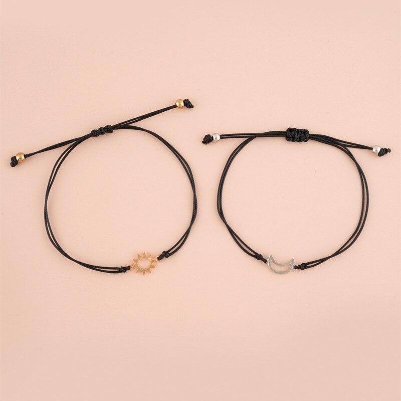 2pcs / Set Minimalist Sun Moon Charm Couple Bracelet Card Love Jewelry Gift Adjustable Braided Rope Bracelets Pinky Pomise Matching Relationship Bracelets For Best Friends Couple Stevvex