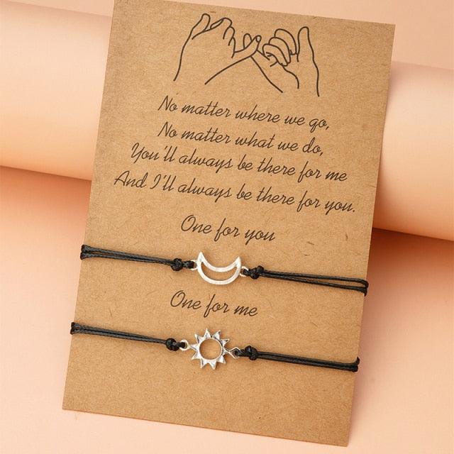 2pcs / Set Minimalist Sun Moon Charm Couple Bracelet Card Love Jewelry Gift Adjustable Braided Rope Bracelets Pinky Pomise Matching Relationship Bracelets For Best Friends Couple Stevvex