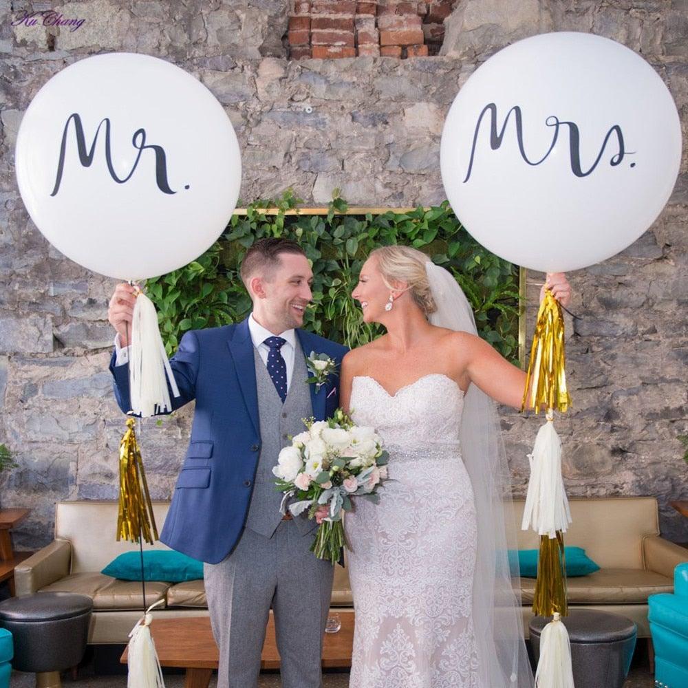 2pcs/lot Good Quality 36inch Round White and black Print Mr&Mrs Latex Balloons For Happy Wedding And  Valentine's Day Stevvex