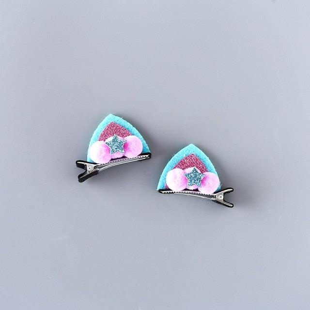 2pcs/Set Cute Hair Clips For Girls Glitter Rainbow Felt Fabric Flowers Hairpins Cat Ears Bunny Barrettes Kids Hair Accessories for Halloween Parties Cosplay for Girls