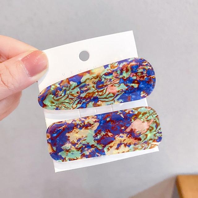 2PCS/Set Fashion WomenElegant Acrylic Geometric Hairpin Sweet Girl Hair Clip Marble Textured Barrettes Headband Gorgeous Hair Accessories For Women Stevvex