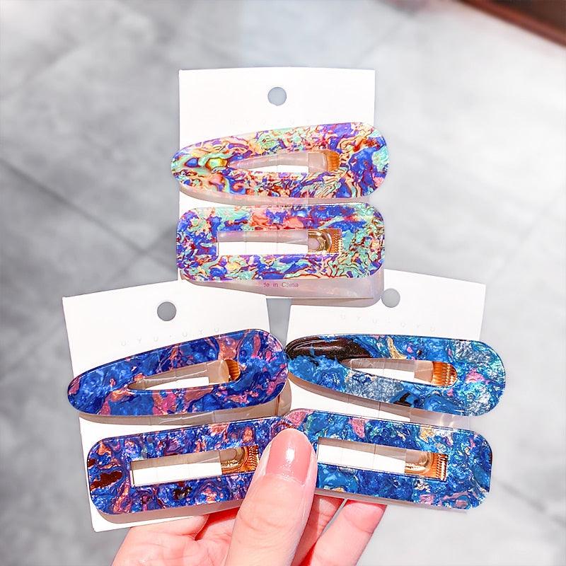 2PCS/Set Fashion WomenElegant Acrylic Geometric Hairpin Sweet Girl Hair Clip Marble Textured Barrettes Headband Gorgeous Hair Accessories For Women Stevvex