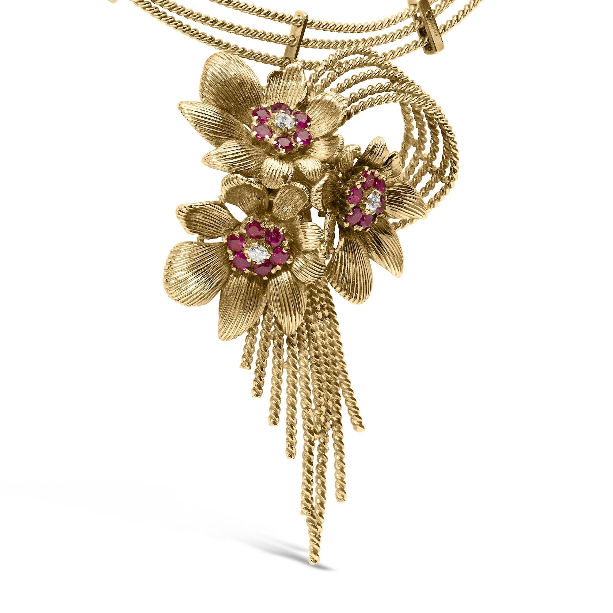 18K Yellow Gold Diamond and Red Ruby Floral Cascade Statement Necklace with 16" Inch Bead Chain (F-G Color, VS1-VS2 Clarity)